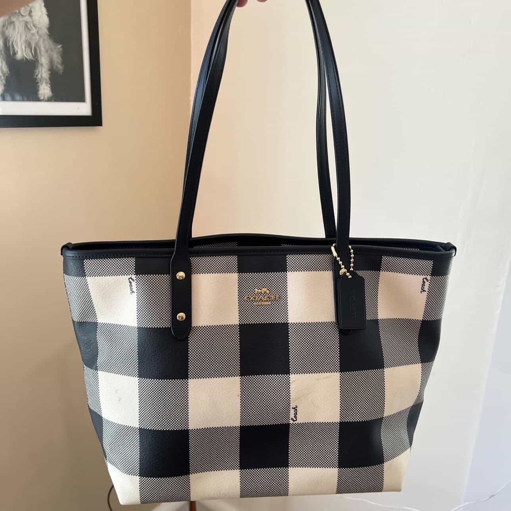 Coach City Tote Buffalo Plaid Black White Checkered Canvas Bag F66929